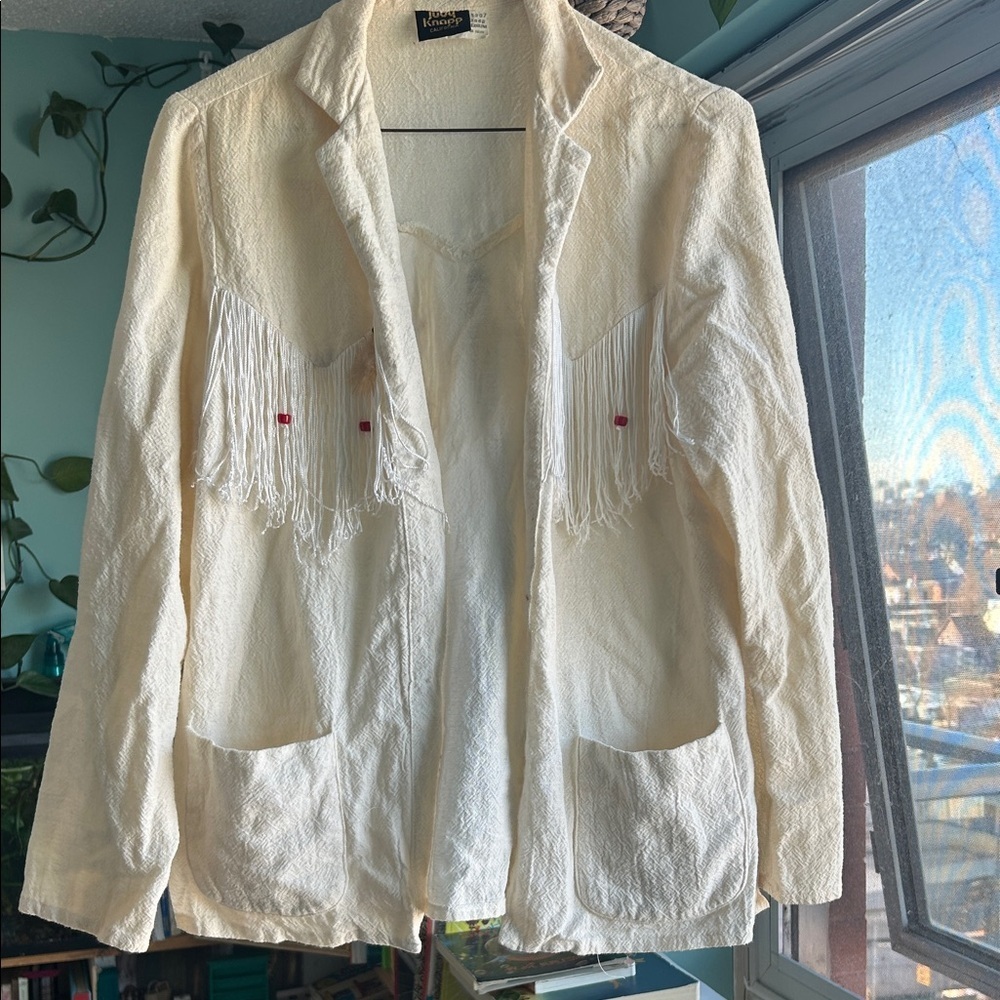 Vintage Judy Knapp California Fringe Jacket Western Boho Cotton Blazer | Size M